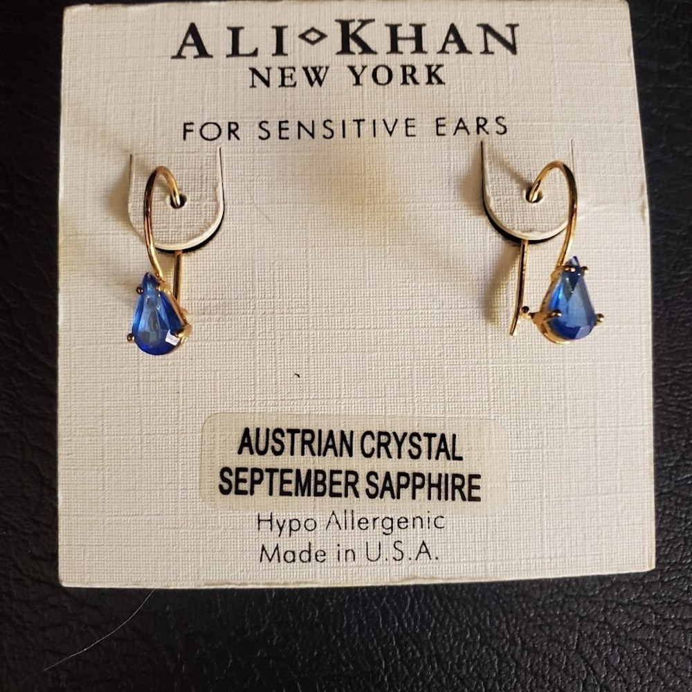Ali Khan Earrings Austrian‎ Crystal Sapphire Blue Gold Tone Nickel Free Dainty